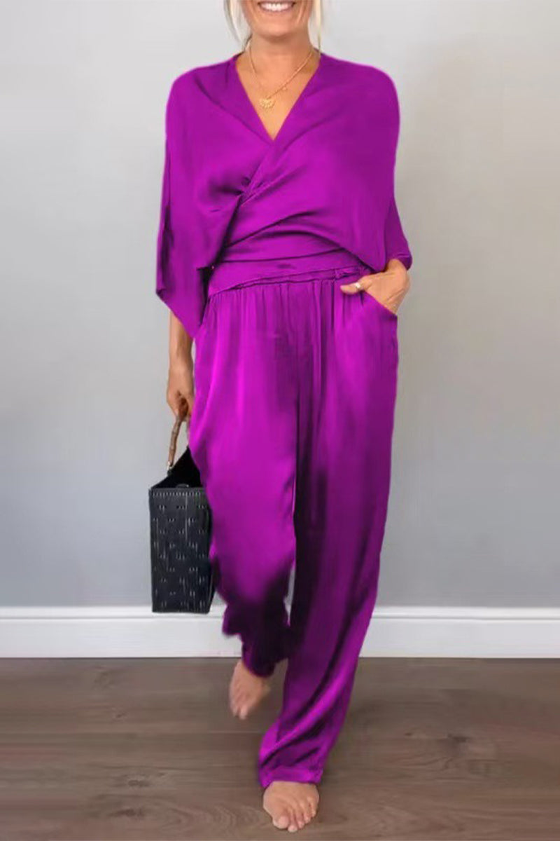 Conjunto informal de dos piezas con cuello en V y bolsillo (7 colores)