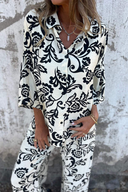 Casual Floral Print Pocket Contrast Turndown Collar Three Quarter Two Pieces