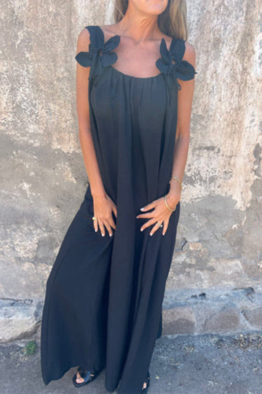 Vestidos casuales de tirantes con cuello en U y flores en color liso