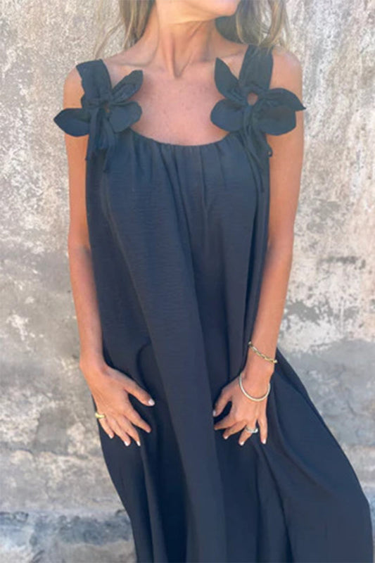 Vestidos casuales de tirantes con cuello en U y flores en color liso