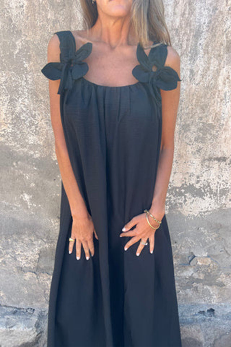 Vestidos casuales de tirantes con cuello en U y flores en color liso