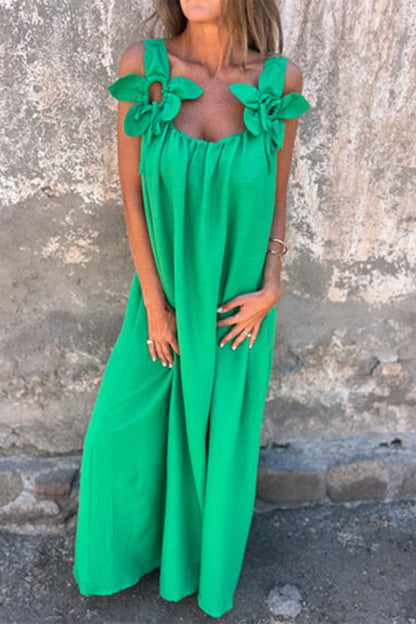 Vestidos casuales de tirantes con cuello en U y flores en color liso