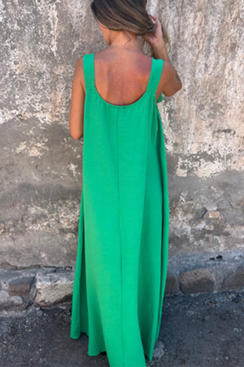 Vestidos casuales de tirantes con cuello en U y flores en color liso