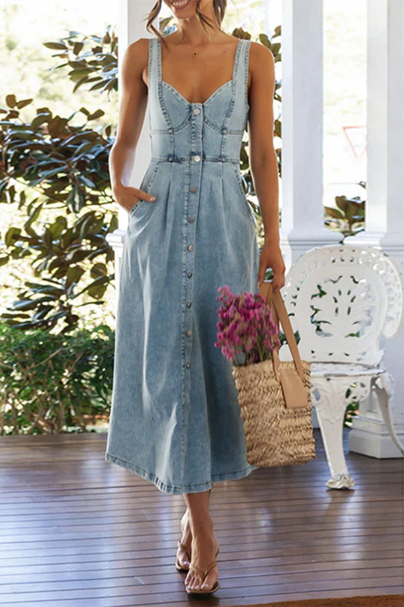 Elegante vestido vaquero sin mangas con cuello en V y botones de color liso