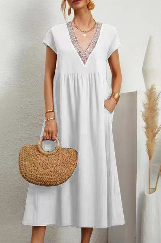 Vestido informal de color liso con bolsillos, escote en V y manga corta