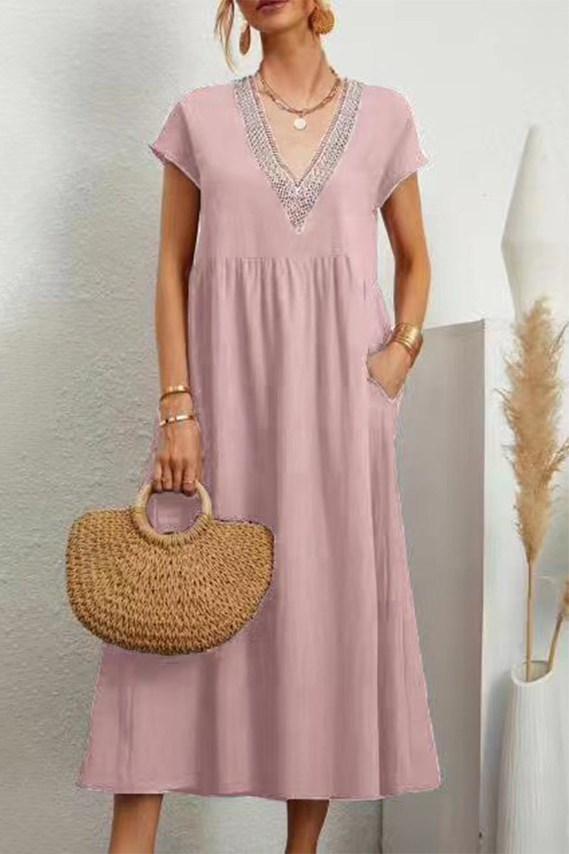 Vestido informal de color liso con bolsillos, escote en V y manga corta