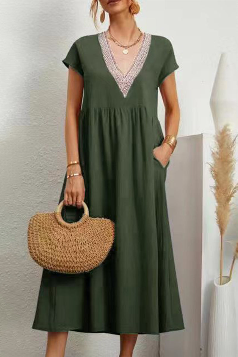 Vestido informal de color liso con bolsillos, escote en V y manga corta