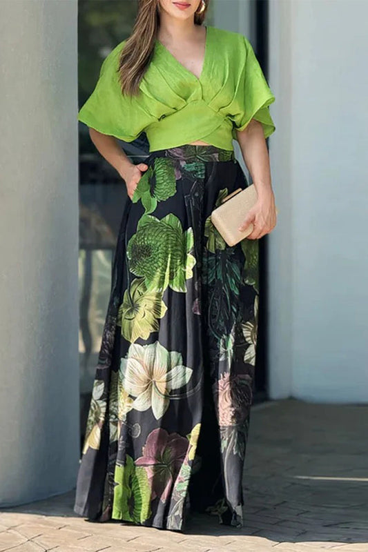 Conjunto de dos piezas con cuello en V, manga corta, estampado floral informal, bolsillo y contraste