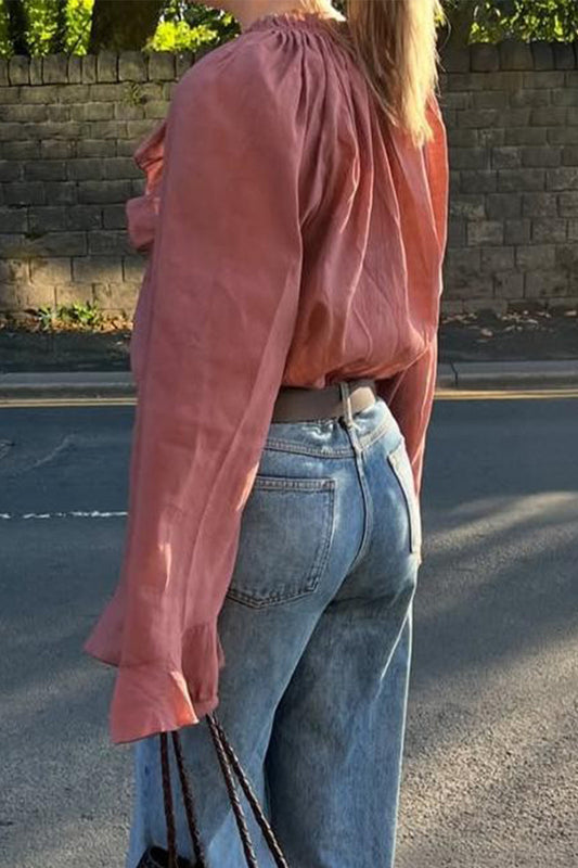 Tops casuales de color sólido con cordones y cuello en V