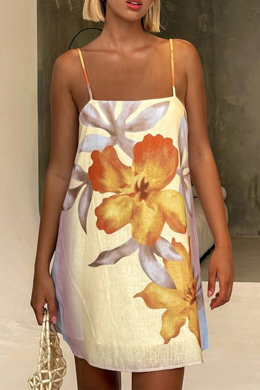 Vestidos sexis con estampado de flores, espalda descubierta, escote cuadrado en contraste y tirantes finos
