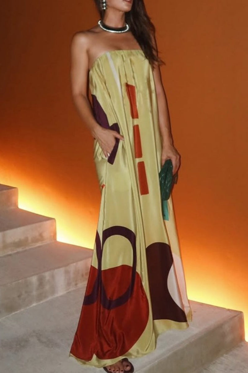 Vestidos largos casuales sin tirantes con estampado geométrico en contraste