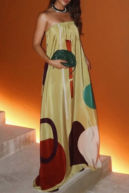 Vestidos largos casuales sin tirantes con estampado geométrico en contraste