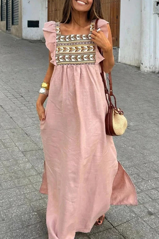 Vestidos elegantes de diario con estampado geométrico, volantes, escote cuadrado y corte A