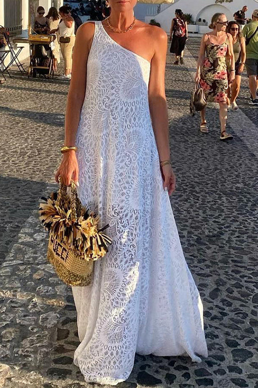 Vestidos largos sexis de encaje de color sólido con abertura y hombros caídos