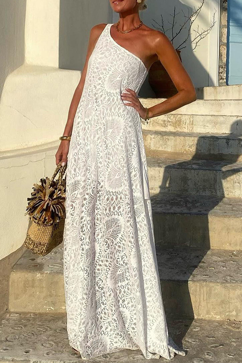 Vestidos largos sexis de encaje de color sólido con abertura y hombros caídos