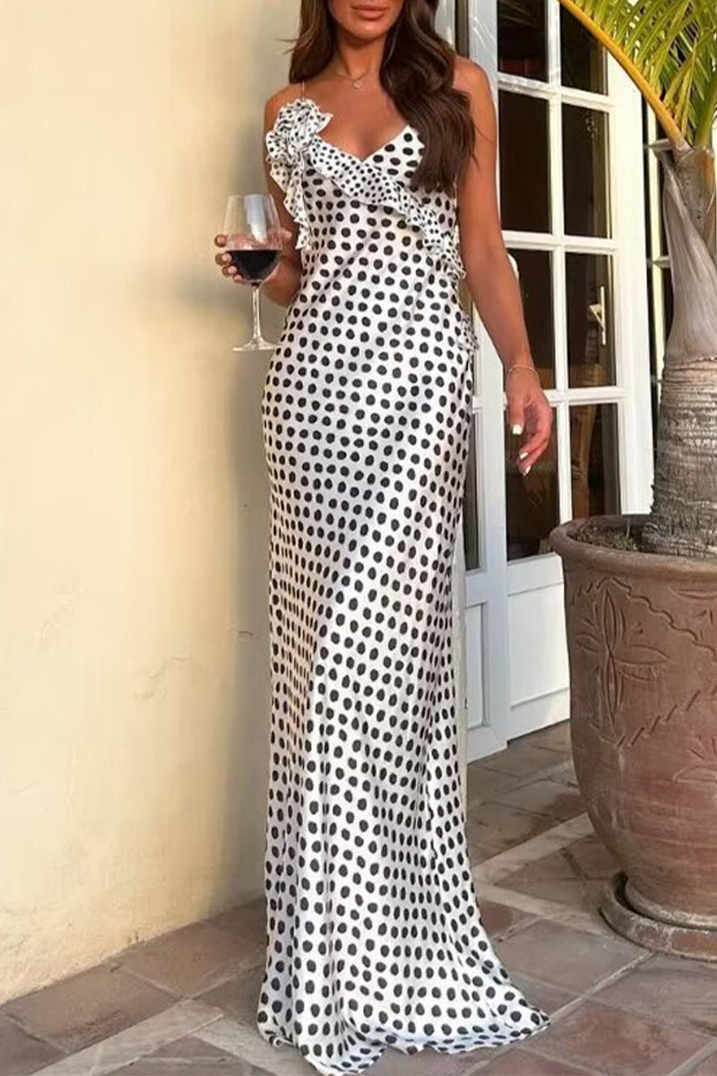 Vestidos largos sexis con lunares, espalda descubierta, orillo fibroso, escote en V en contraste