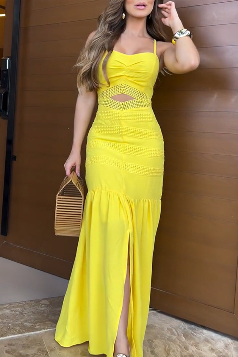 Vestidos largos casuales de color sólido con aberturas y volantes