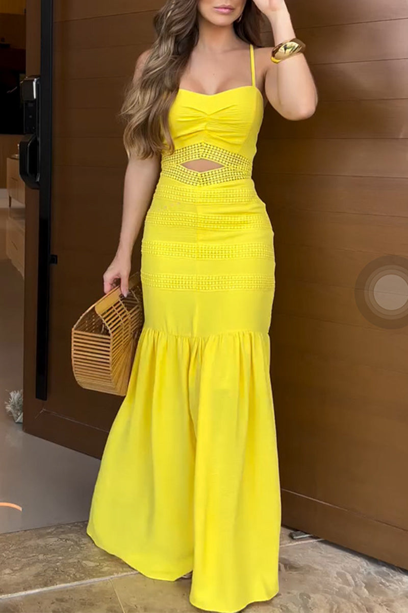 Vestidos largos casuales de color sólido con aberturas y volantes