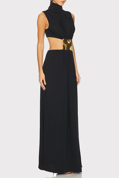 Vestidos largos sexis de cuello alto con adornos metálicos y detalles de color sólido