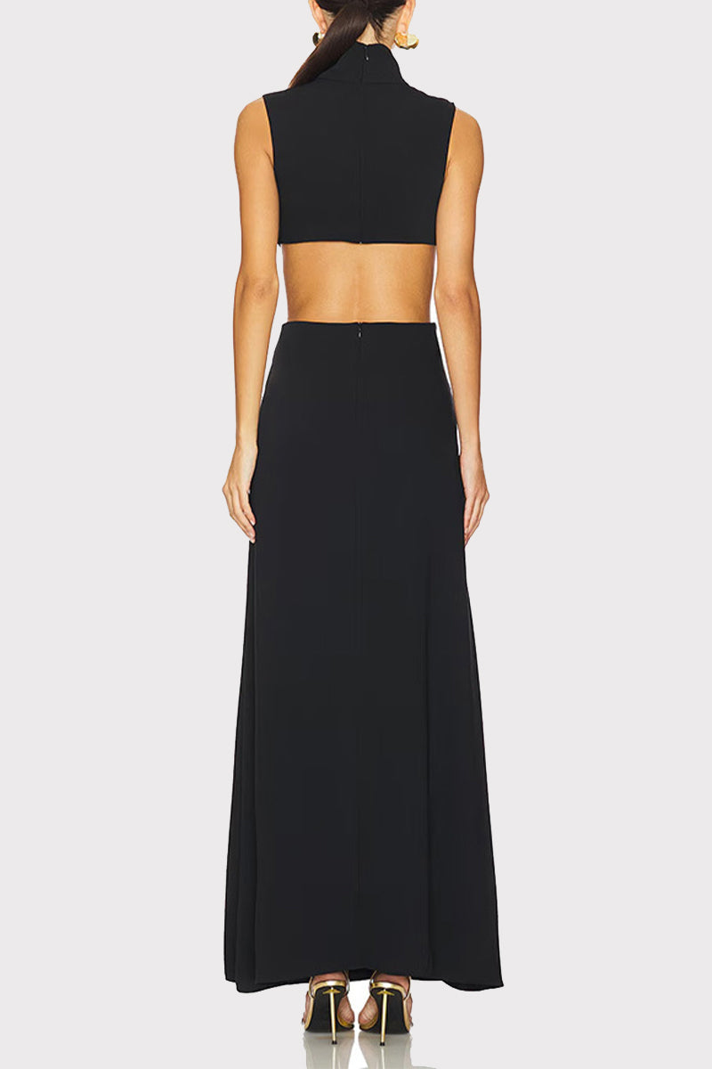 Vestidos largos sexis de cuello alto con adornos metálicos y detalles de color sólido