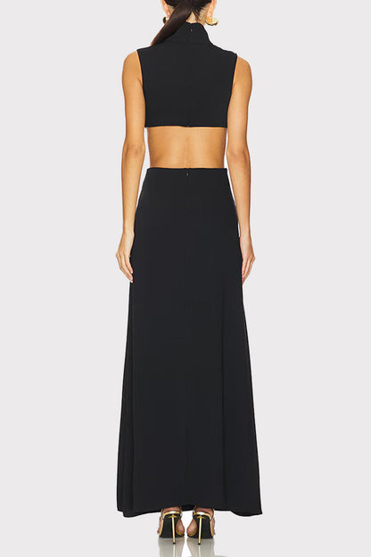Vestidos largos sexis de cuello alto con adornos metálicos y detalles de color sólido
