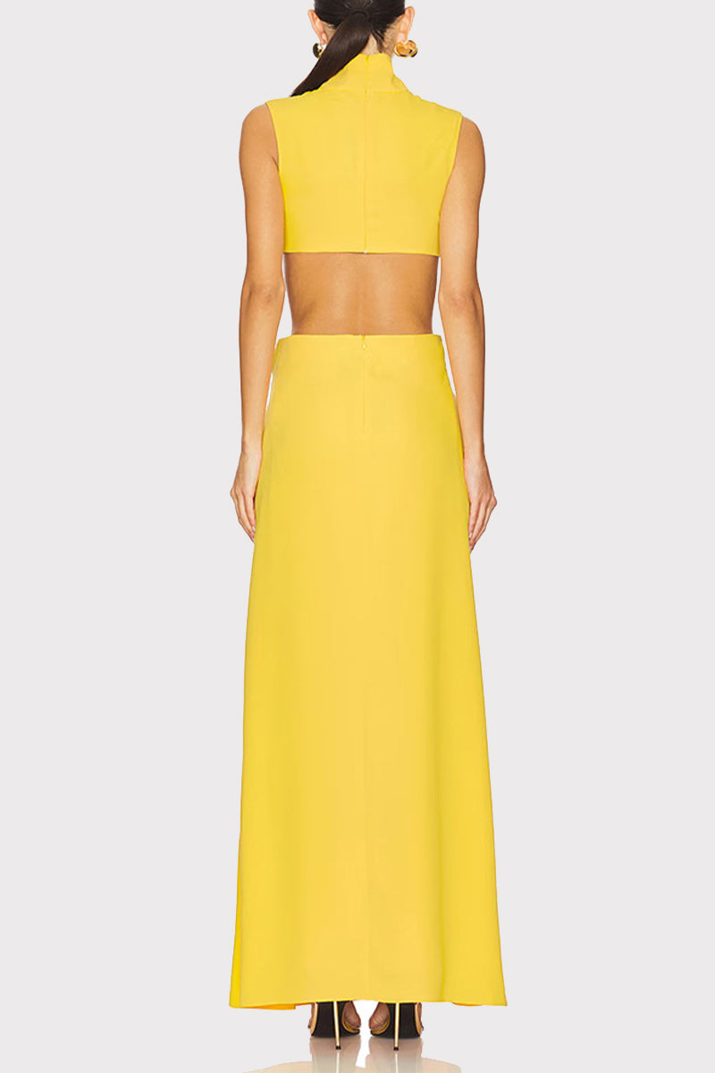 Vestidos largos sexis de cuello alto con adornos metálicos y detalles de color sólido