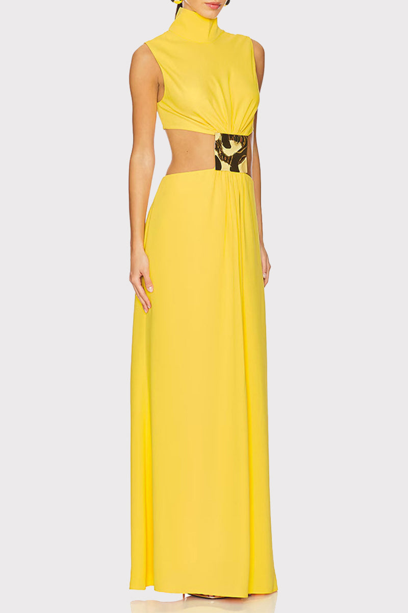 Vestidos largos sexis de cuello alto con adornos metálicos y detalles de color sólido