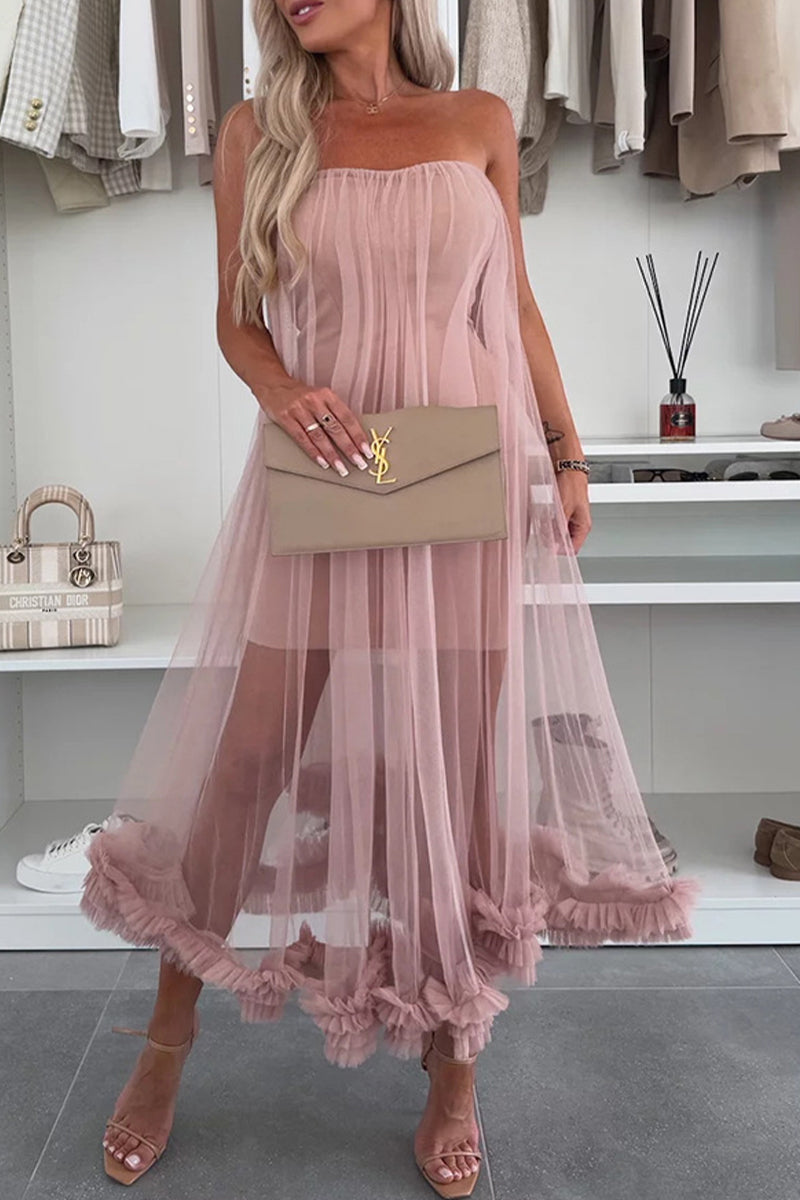 Vestidos casuales de malla sin tirantes de color sólido sin cinturón (sin cinturón)