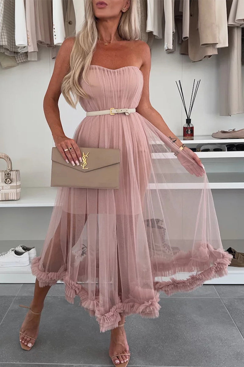 Vestidos casuales de malla sin tirantes de color sólido sin cinturón (sin cinturón)