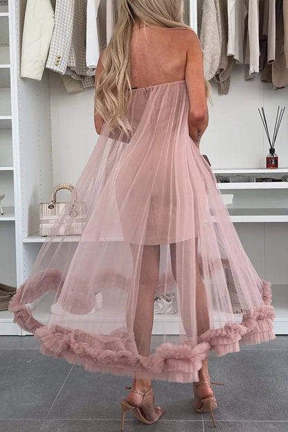 Vestidos casuales de malla sin tirantes de color sólido sin cinturón (sin cinturón)