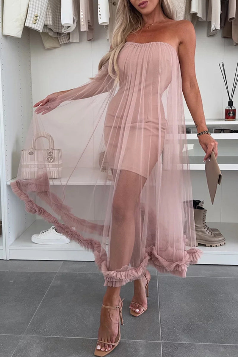 Vestidos casuales de malla sin tirantes de color sólido sin cinturón (sin cinturón)