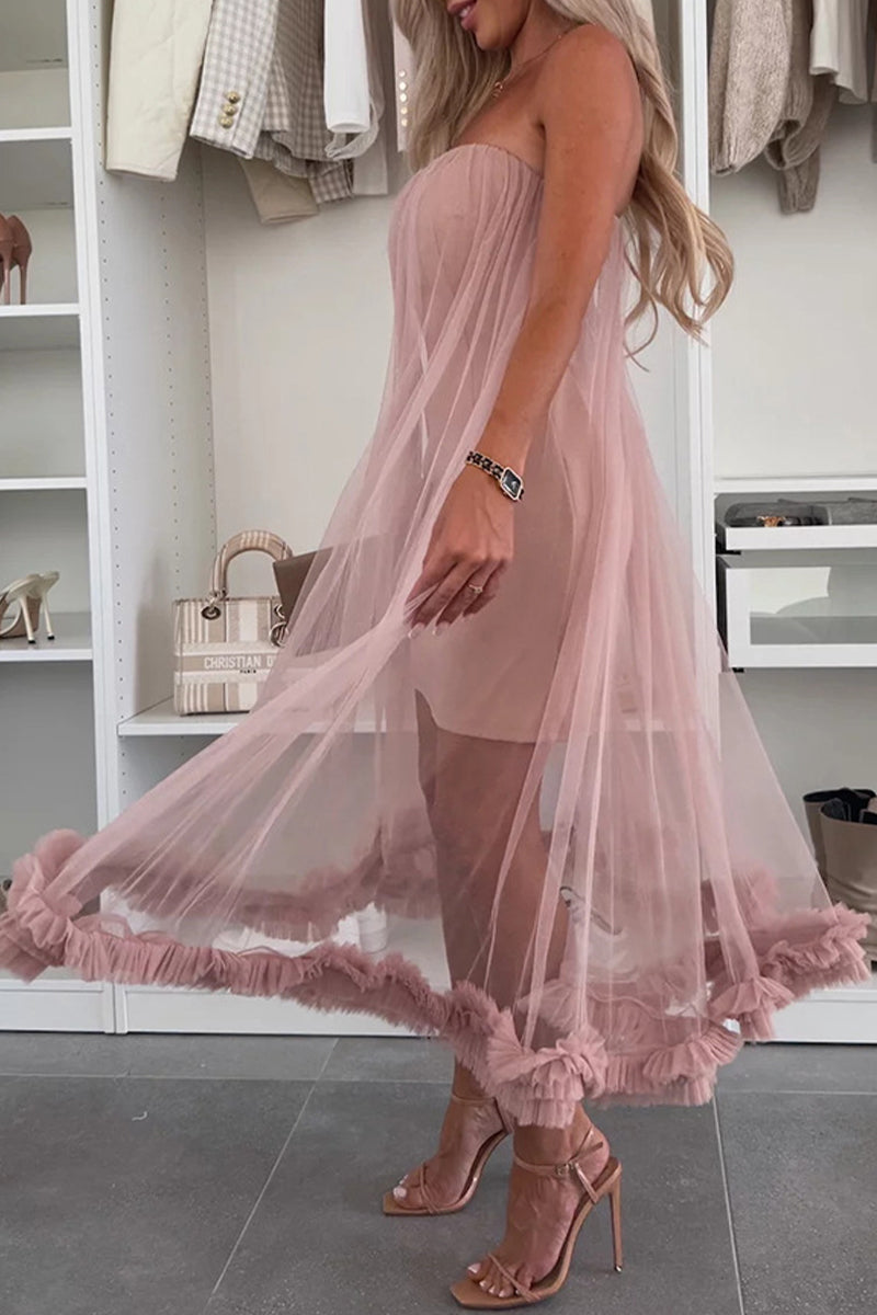 Vestidos casuales de malla sin tirantes de color sólido sin cinturón (sin cinturón)