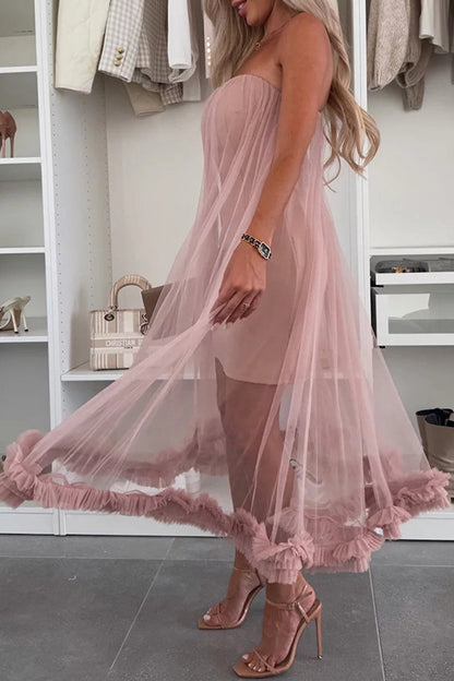 Vestidos casuales de malla sin tirantes de color sólido sin cinturón (sin cinturón)