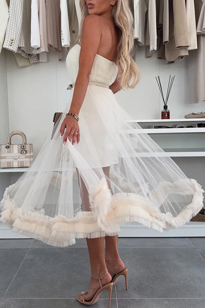 Vestidos casuales de malla sin tirantes de color sólido sin cinturón (sin cinturón)