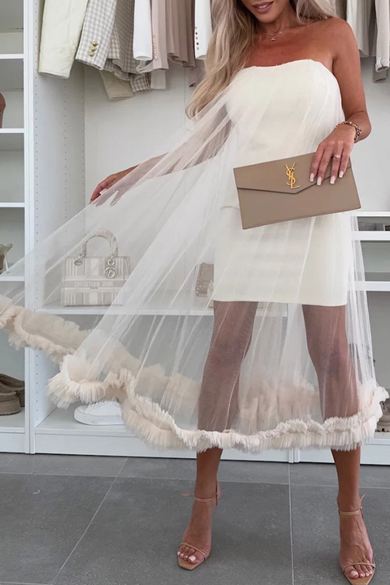 Vestidos casuales de malla sin tirantes de color sólido sin cinturón (sin cinturón)