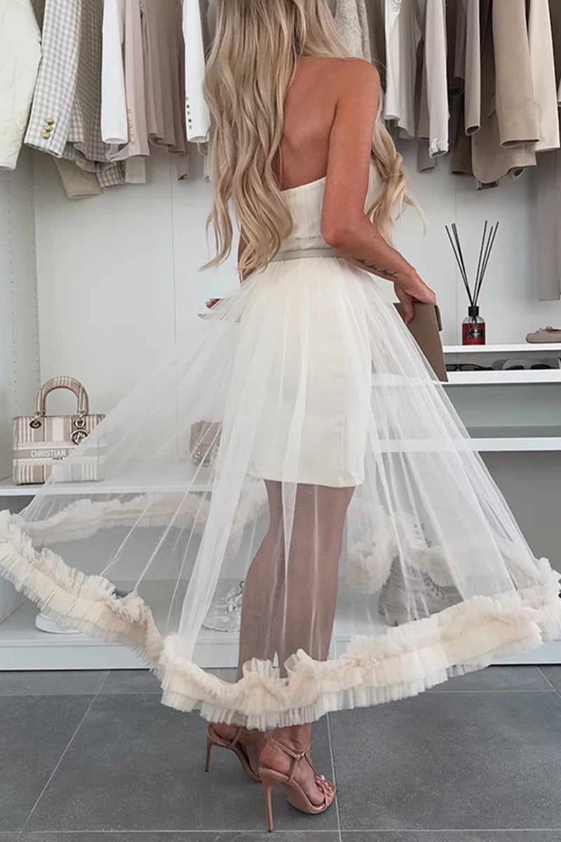 Vestidos casuales de malla sin tirantes de color sólido sin cinturón (sin cinturón)