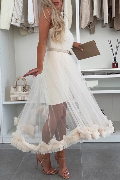 Vestidos casuales de malla sin tirantes de color sólido sin cinturón (sin cinturón)