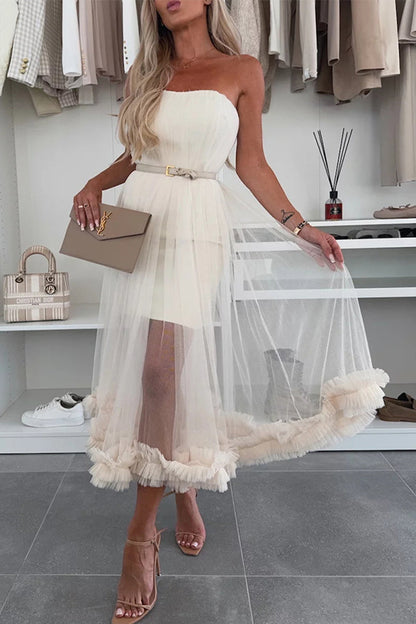 Vestidos casuales de malla sin tirantes de color sólido sin cinturón (sin cinturón)