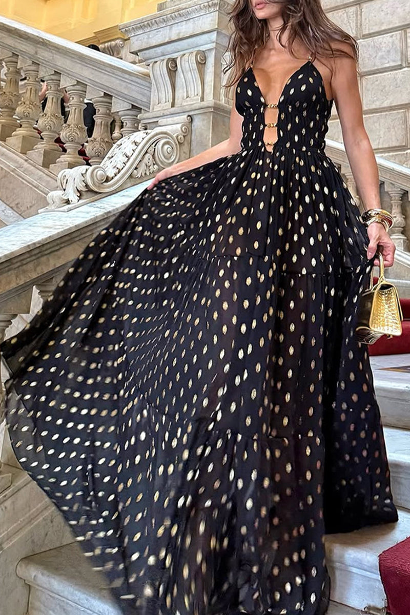 Vestidos largos sexys con escote en V y lunares en contraste