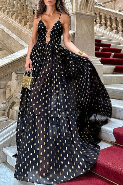 Vestidos largos sexys con escote en V y lunares en contraste