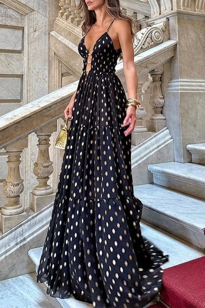 Vestidos largos sexys con escote en V y lunares en contraste