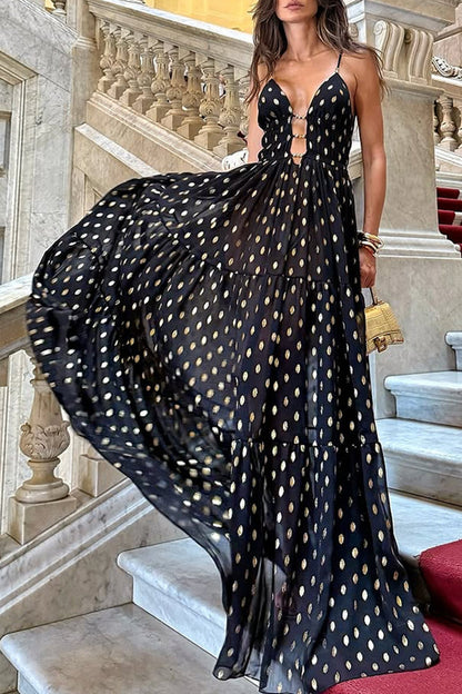 Vestidos largos sexys con escote en V y lunares en contraste