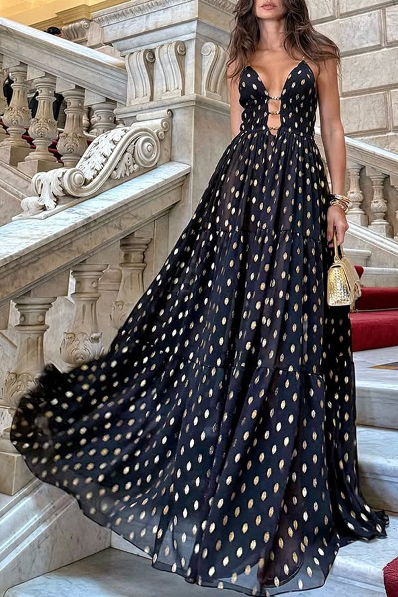 Vestidos largos sexys con escote en V y lunares en contraste