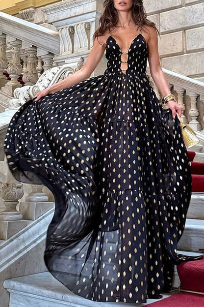 Vestidos largos sexys con escote en V y lunares en contraste