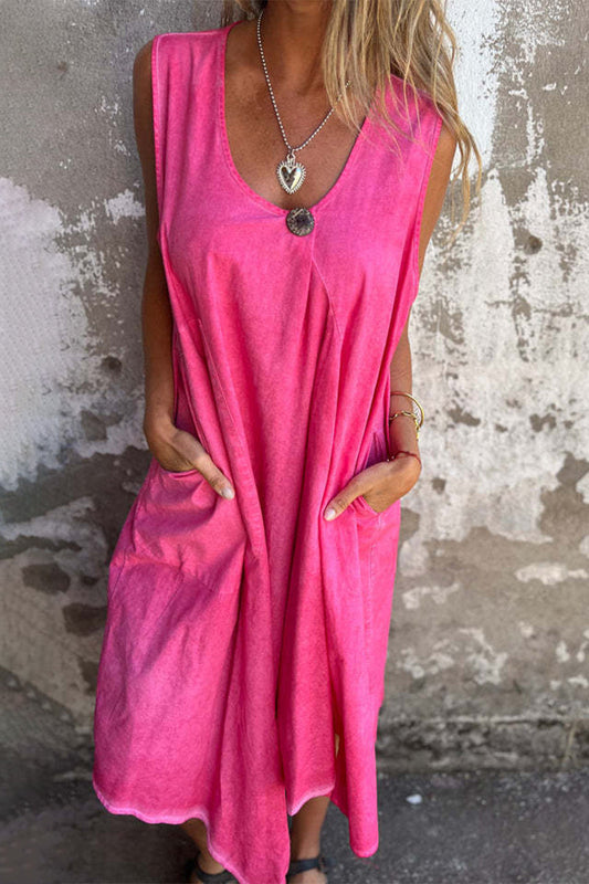 Vestidos casuales sin mangas con cuello redondo, botones y bolsillos de color sólido