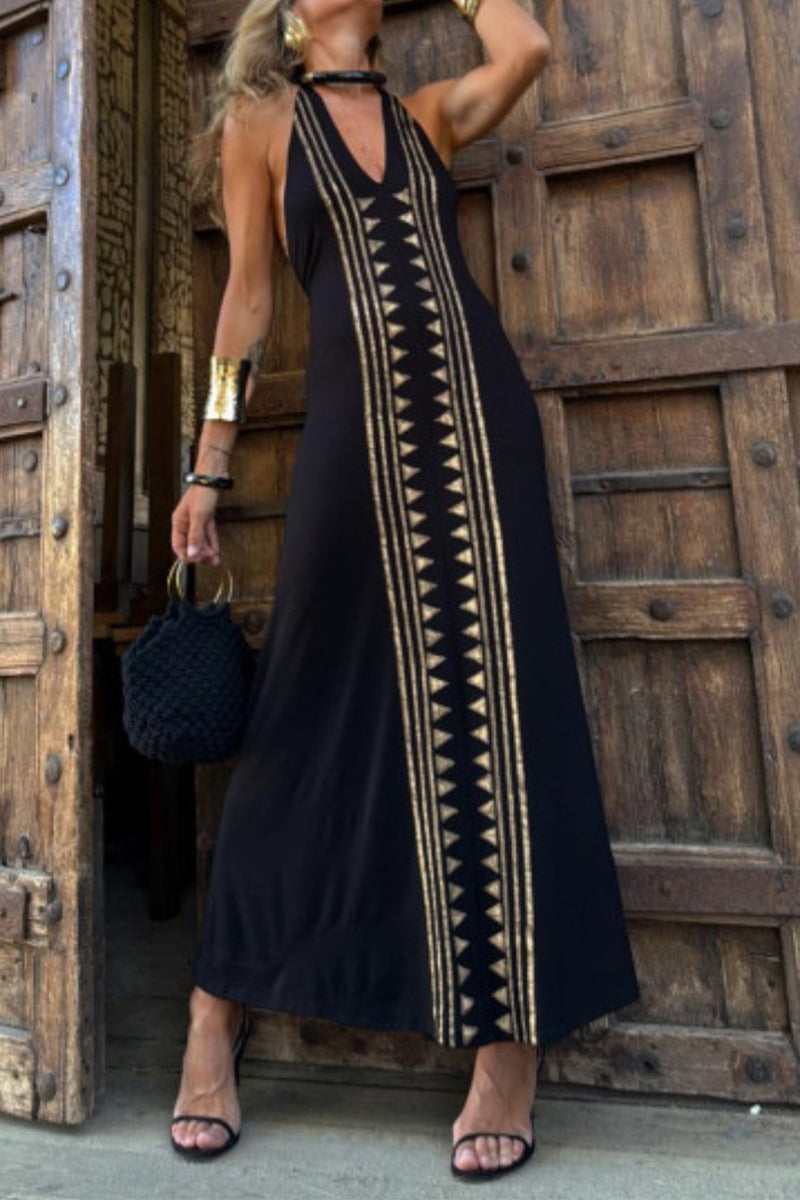 Vestidos sexis de falda de un solo paso con cuello halter, espalda descubierta y estampado geométrico