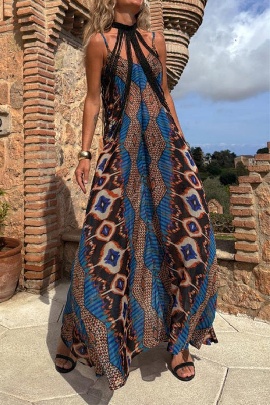 Vestidos largos casuales con cuello en V, estampado geométrico y bolsillos en contraste