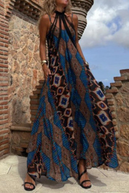 Vestidos largos casuales con cuello en V, estampado geométrico y bolsillos en contraste