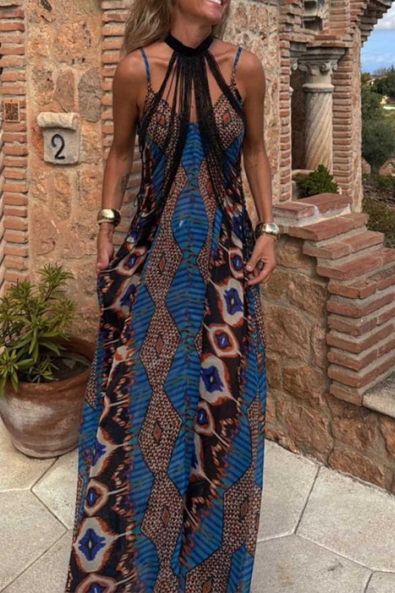 Vestidos largos casuales con cuello en V, estampado geométrico y bolsillos en contraste