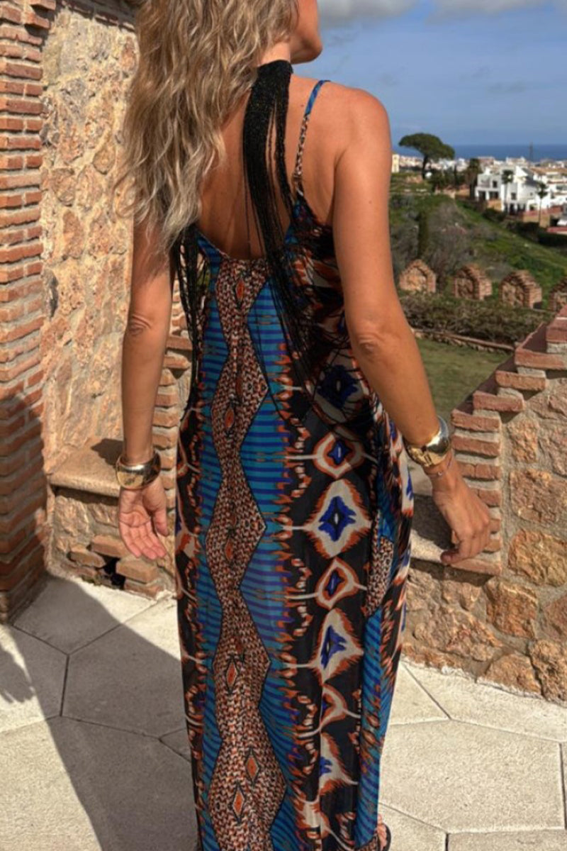 Vestidos largos casuales con cuello en V, estampado geométrico y bolsillos en contraste